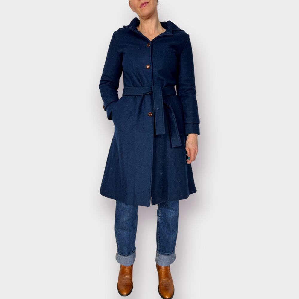 70s Navy Wool Hooded Overcoat Size XS/S‎
